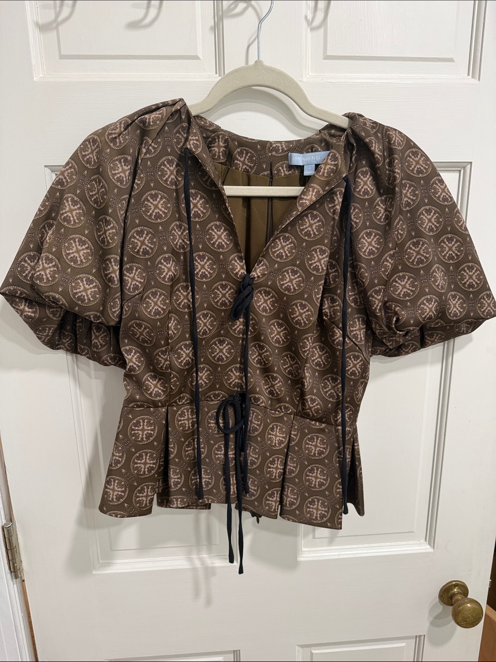 ANTONIO MELANI x Courtney Grow Brown Patterned Puff-Sleeve Peplum Tie-Front Top